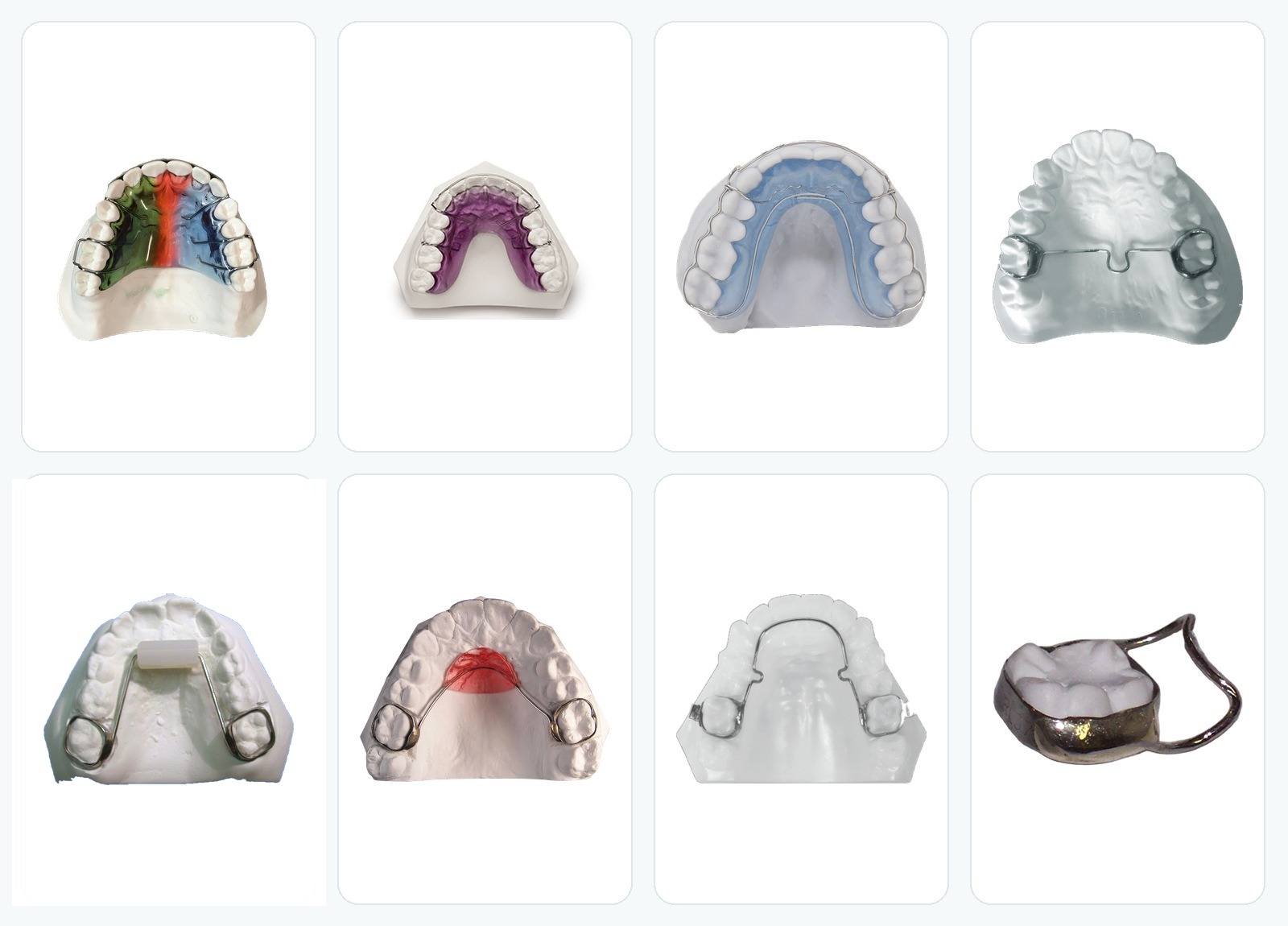 Collage of orthodontic appliances fabricated in-house: retainers, expanders, palatal bars, Nance and band-and-loop space maintainers